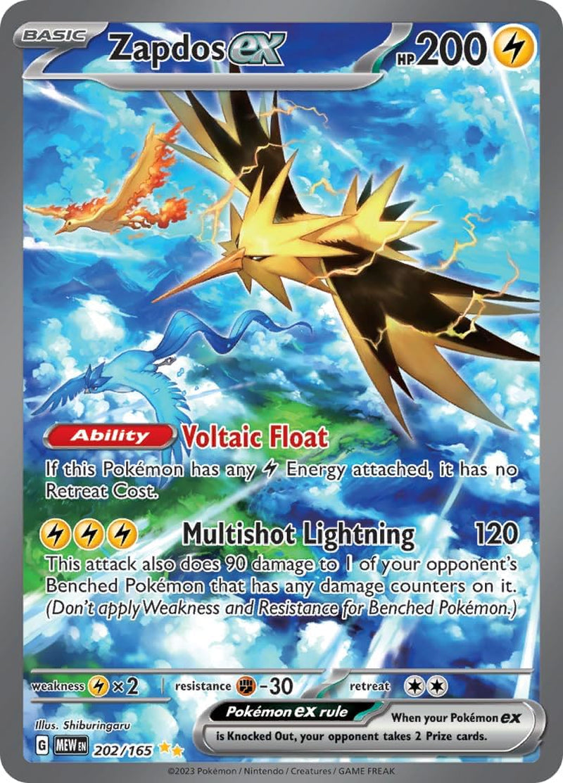 Pokemon - Zapdos Ex 202/165 - Mew 151 Scarlet and Violet - Ultra Rare Illustration Card + That Chunky Yellow Mouse Protective Pouch